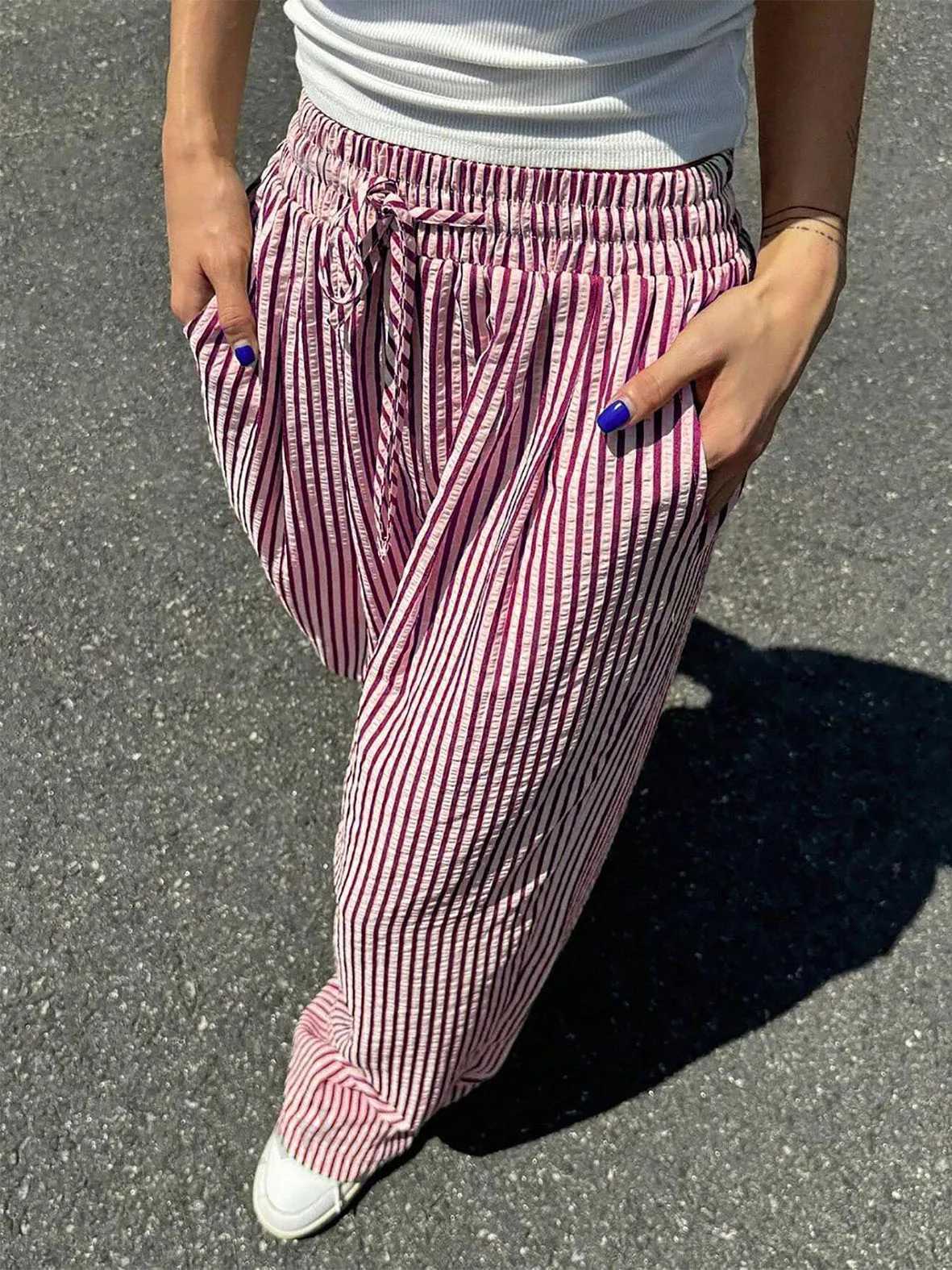 2024 Womens Striped Straight Leg Pants Relaxed Fit Casual Lounge Trousers Versatile All Season Elastic Waist Comfort XJ250616