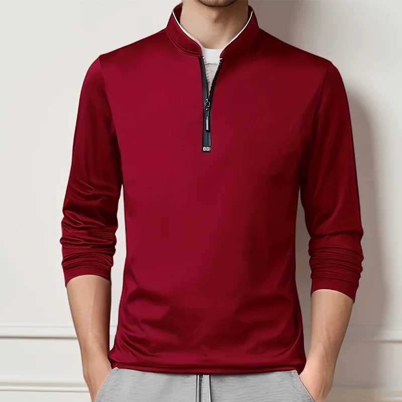 Mens Casual Fashion Solid Color Long Sleeve Polo Shirt Stand Up Collar Versatile Comfortable Top W250616