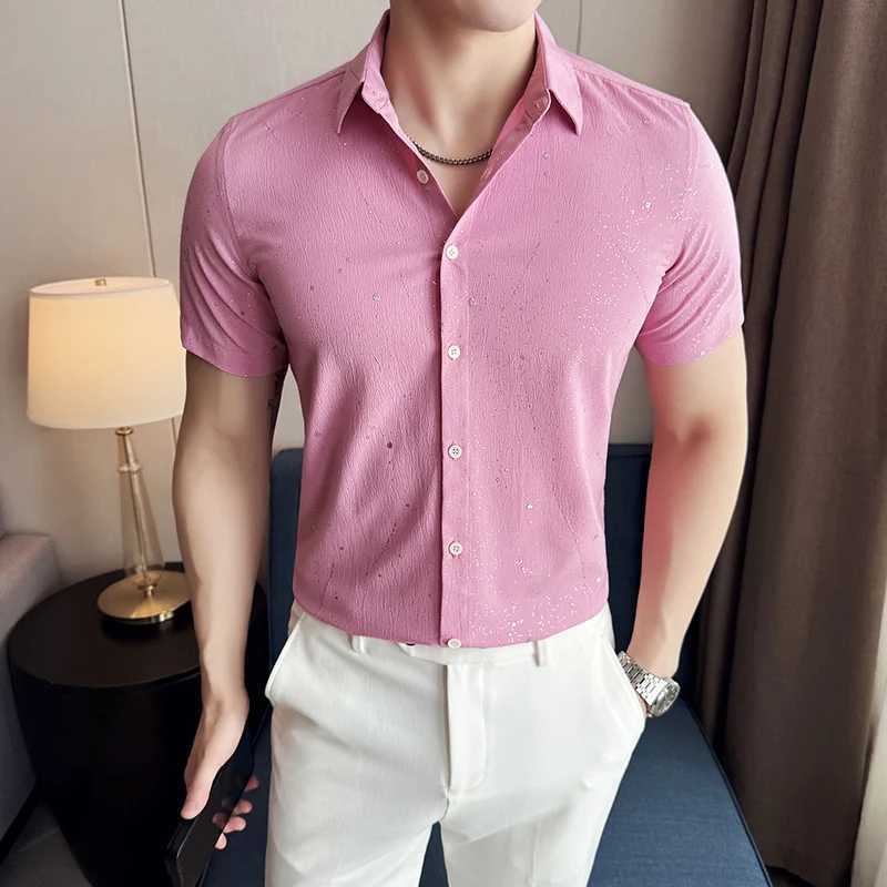 Mens Shirt 2025 Summer New Korean Fashion Short Sleeved Shirt Starry Sky Hot Stamping Casual Solid Color Top Social Shirt W250616