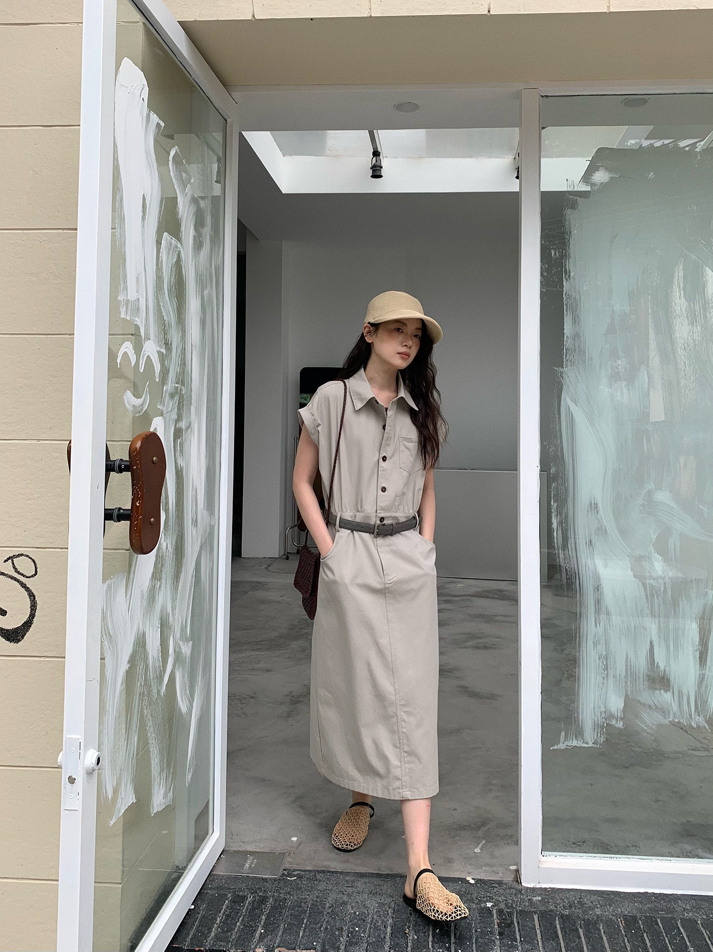 GY240 Flying sleeve waist mid-length style simple casual dress