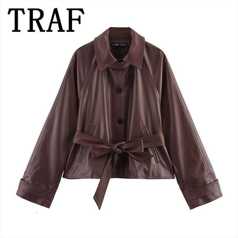TRAF Women's 2025 Spring Lmitation Leather Short Coat Oversize Loose Jackets for Women Streetwear Casual New Outerwears