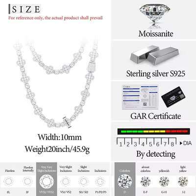 Unisex 925 Silver Tennis Chain 10mm Cross VVS1 Moissanite Fine Jewelry Necklace for Women