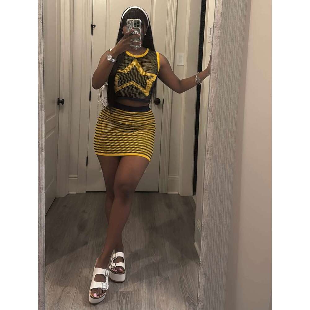 Summer New Knitted Fashion Personality Slim Sexy Bodycon Dress Vest Set B5 m8