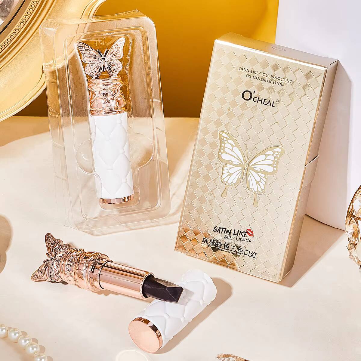 Ocheal Satin-Like Color-Holding Tri-Color Waterproof Long Lasting Liquid Lipstick Tint Moisturizing Tear Off Lip Stain happy