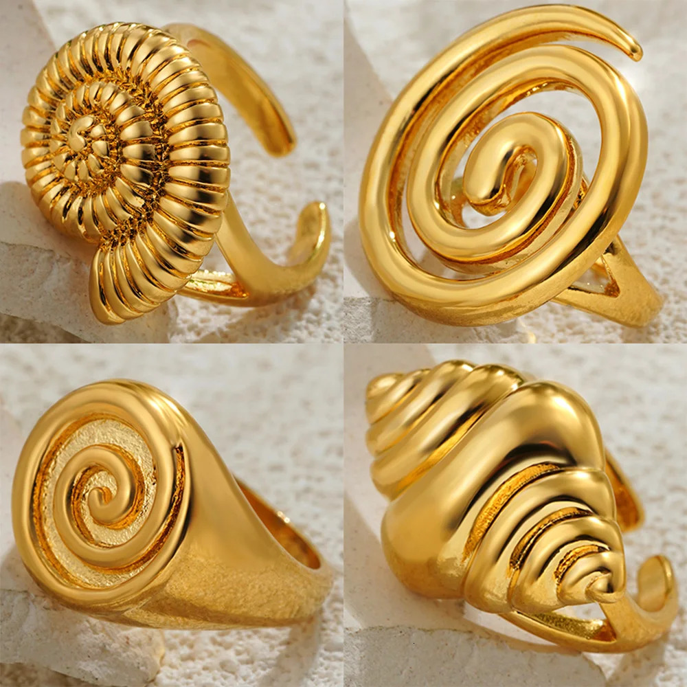 Vintage 18K Gold Plated Spiral Shell Twisted Ring for Women Unisex Ocean Style Wedding Minimalist Jewelry Anniversary Gifts 250610