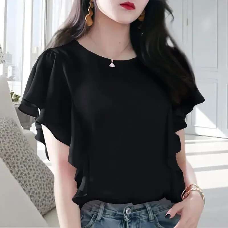 Woman Top Chiffon Ruffle Shirts Blouses for Women with Short Sleeve Frill Korean Reviews Clothes Fashion 2025 Elegant Chic New