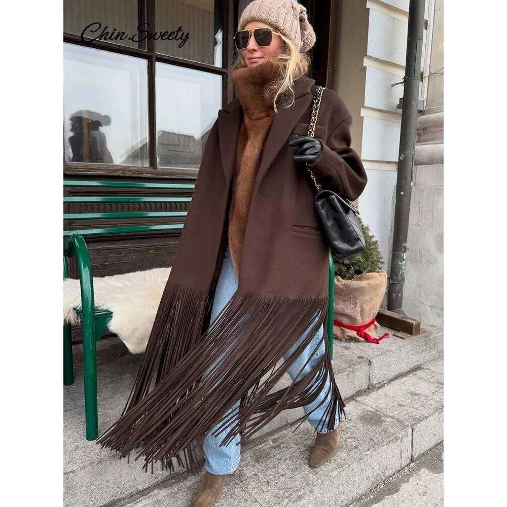 Fashion Woolen Tassel Coat Women Brown Single Breasted Long Sleeve Lapel Loose Jacket 2025 Spring High Street Outerwear