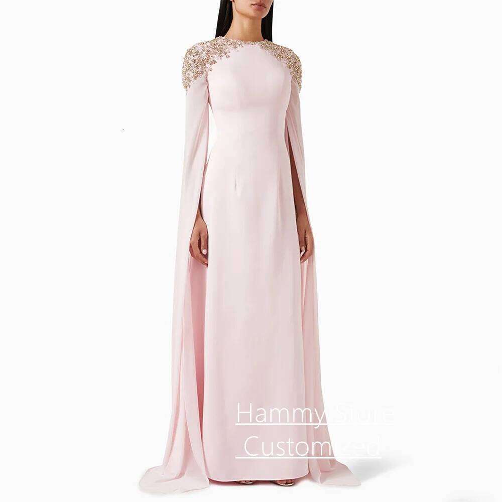 Pale Pink Evening Dress with Beading Crystal Customized Round Neck Long Sleeves Arabian Wedding Party Gown Prom Dresses