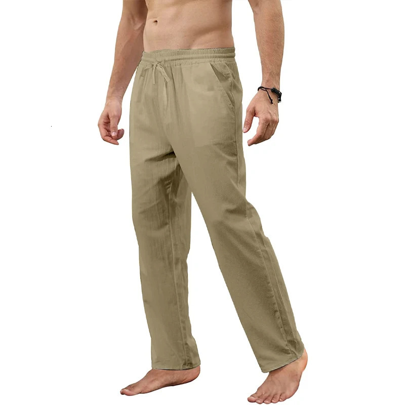 Mens Cotton Linen Pants Loose Autum Casual Pants Male Breathable Solid Color Drawstring Jogger Yoga Long Trousers 250614