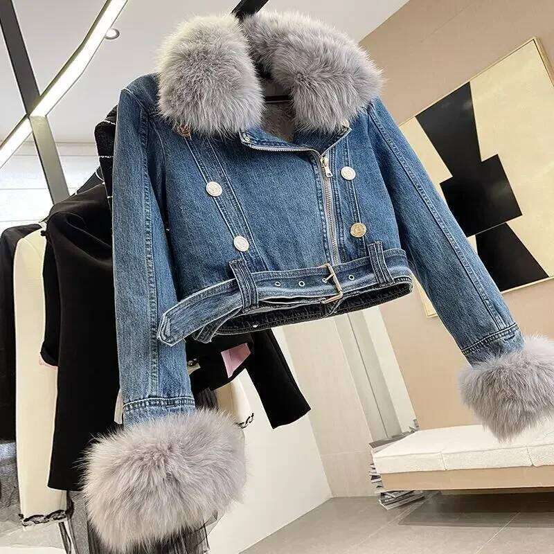 Denim Fur Long Sleeve Coat Women 2025 Winter Veet Loose All-match Lace-up with Belt Jackets Korean Chic Lapel Female Parkas