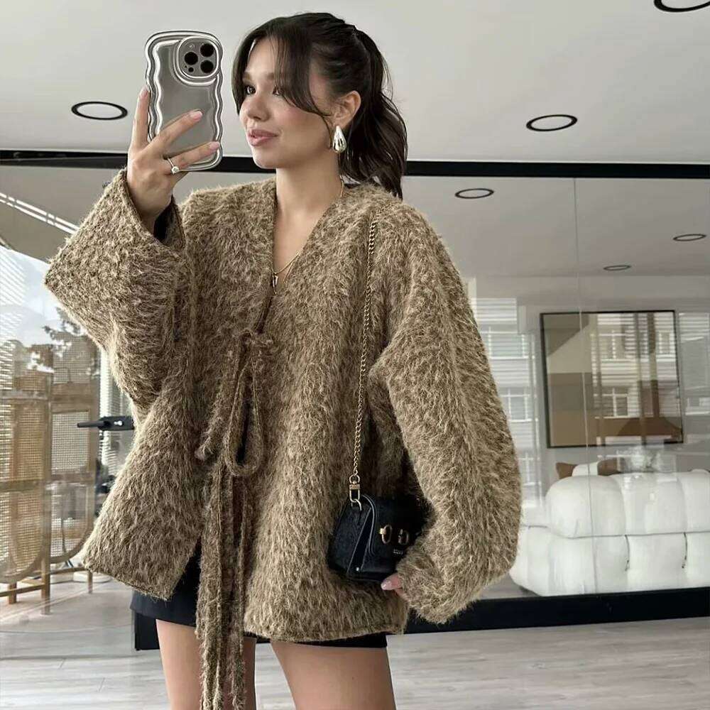 Grey Beige Khaki Deep Blue Four Color V Neck Long Sleeves Bow Lace Up Design Women Loose Solid Open Coat ZATAF 2024 New