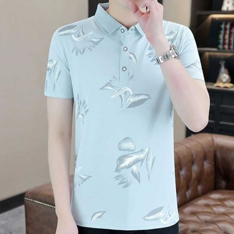 Mens Collared T-shirt Short Sleeve Print Male Polo Shirts Chic XL Casual Tee 2025 Kpop Luxury Elegant Elastic Mens Clothing W250616