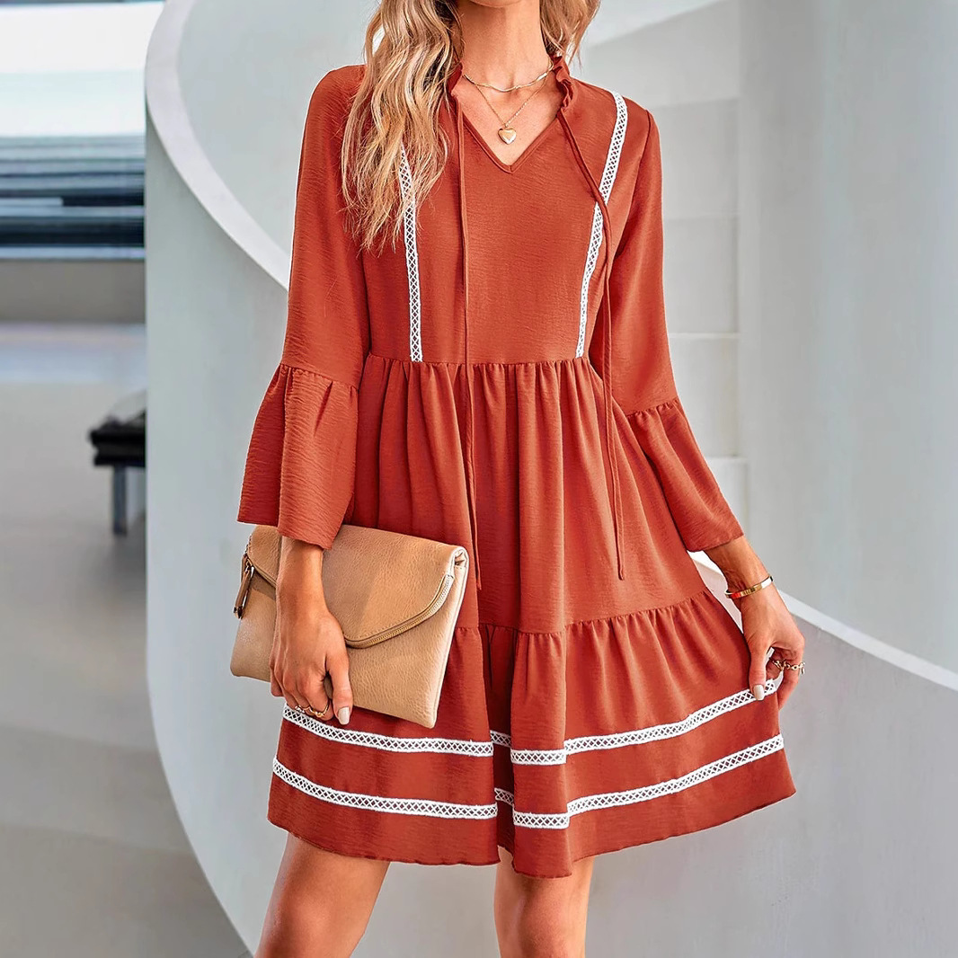X615New Simple Casual V-Neck Pleated Short Sleeve Hooded Lace Dress