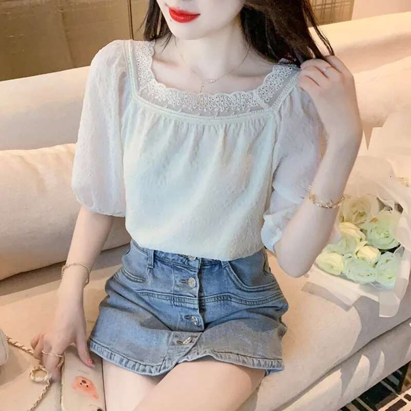 With Puffy Sleeves White Formal Crop Shirts Blouses for Women Office Outfits Summer Woman Top Dress Wear To Work Modern Long M