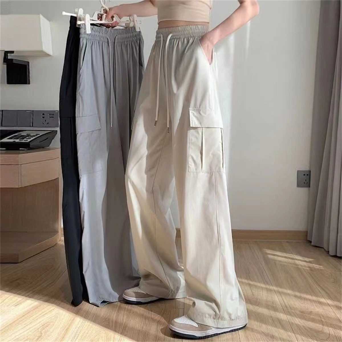 High Waist Baggy Cargo Pants Women Spring Summer Wide Leg Straight Solid Trousers Lady Casual Vintage Elastic Pant Streetwear XJ250616