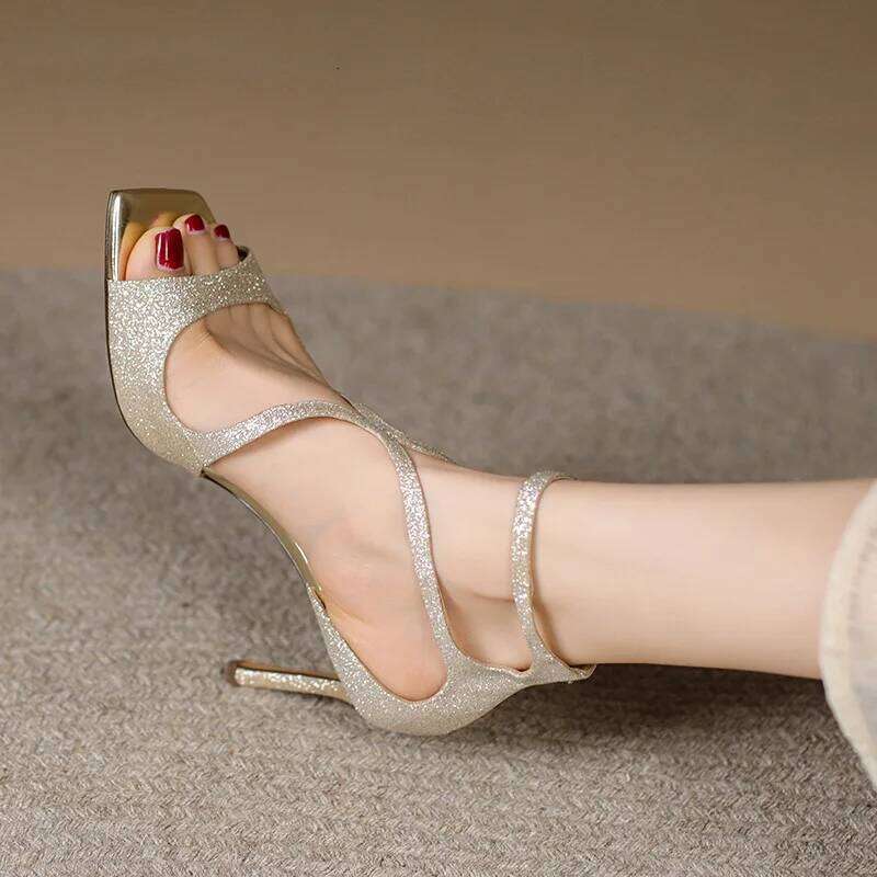 Sequined women Gladiator Sandals Summer Designer shoes For Women 2025 Square Head Hollow High Heels Fashion Ladies Shoes