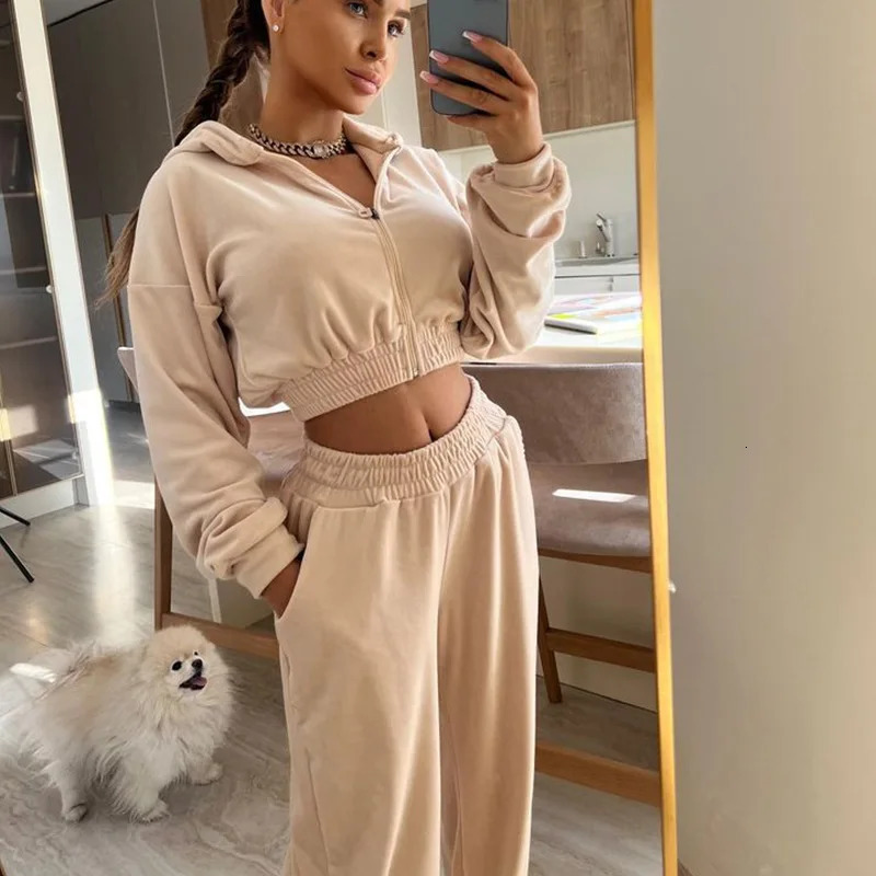Two Piece Pant Sets Women Hooded Zipper Thick Short Sweatshirt Coats Pockets Full Sleeve Crap Top Elastic Waist Pants Suits 250614
