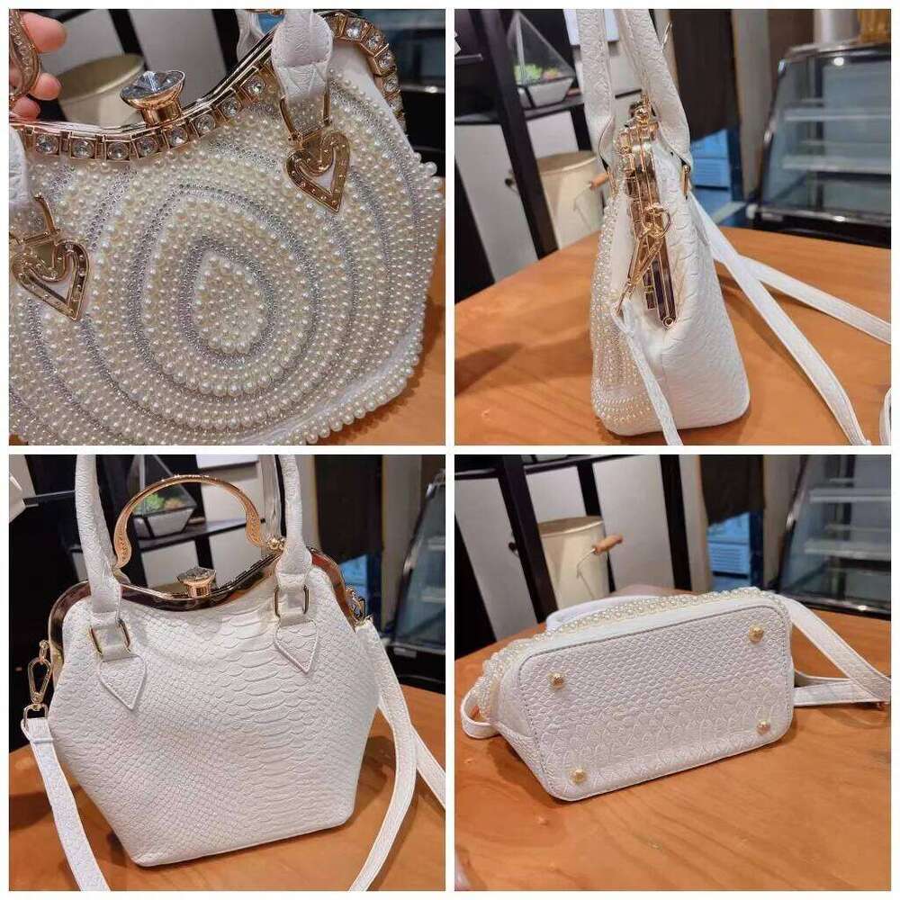 Fashion Pearl Beaded Bucket Large Capacity Women's Handbag Crystal Shiny Rhinestones Dia Shoulder Messenger Bag