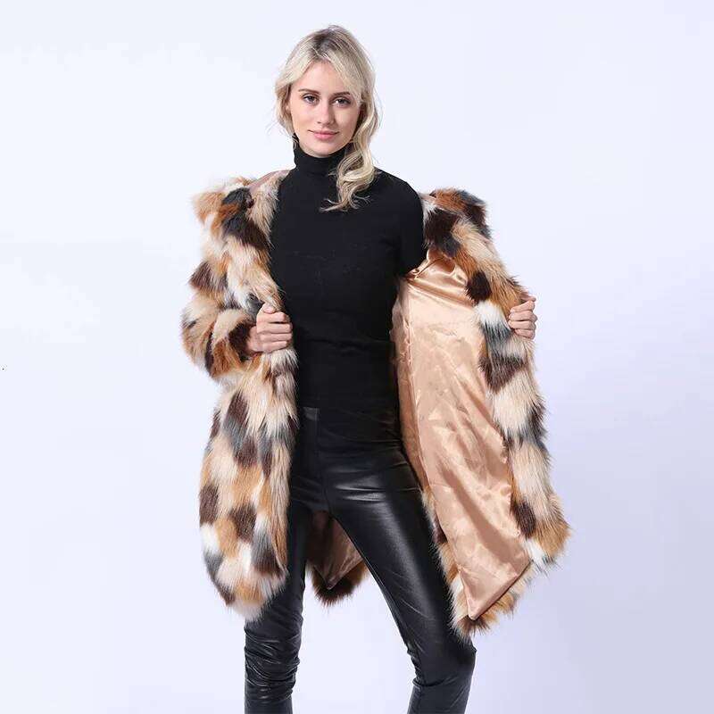 Imitation Fur Jacket European American Foreign Trade Medium and Long Women's Clothing Contrasting Colors To Keep Warm Autumn