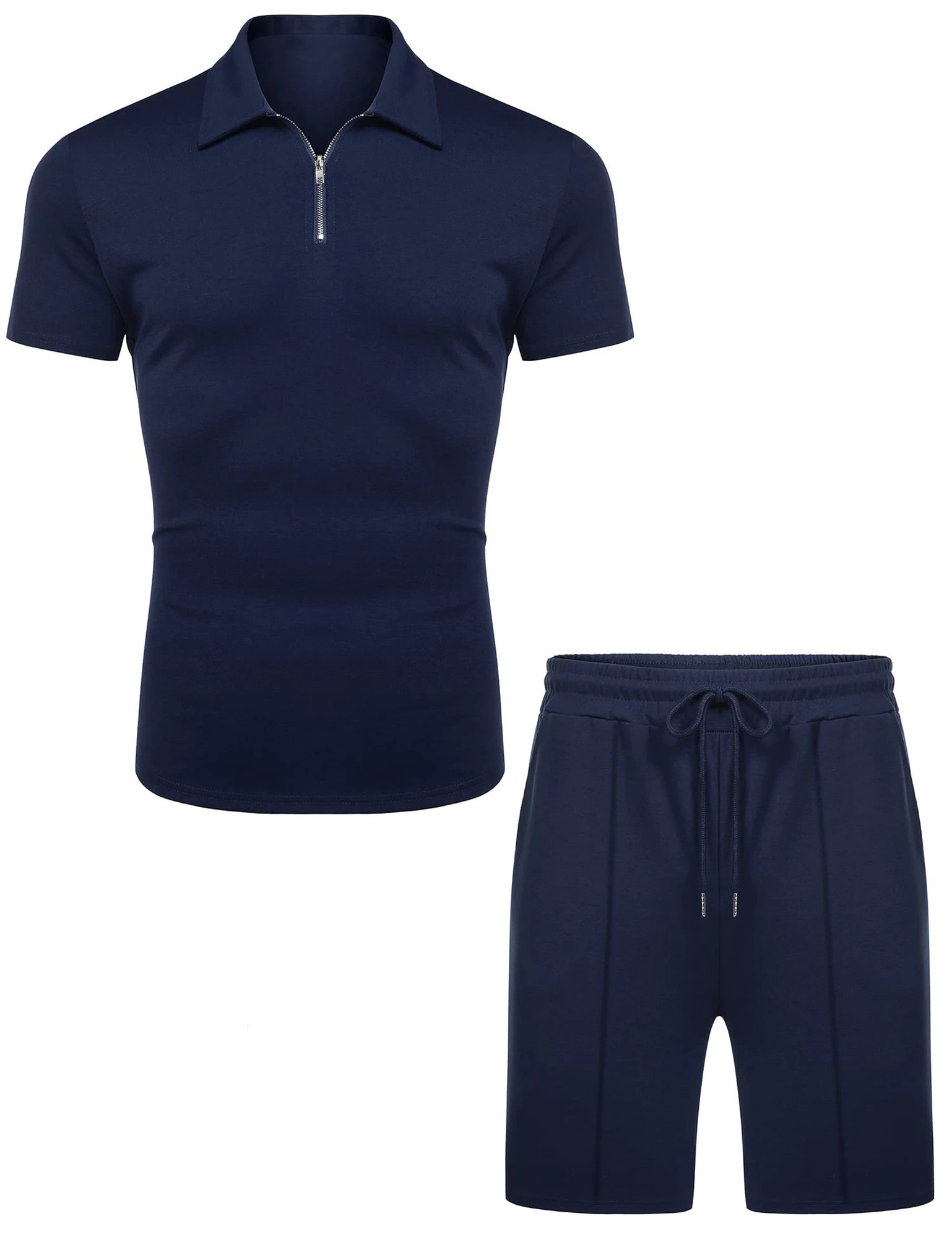 Mens Solid Color Sports Suit with ZipUp Polo Shirt and Drawstring Shorts 250612