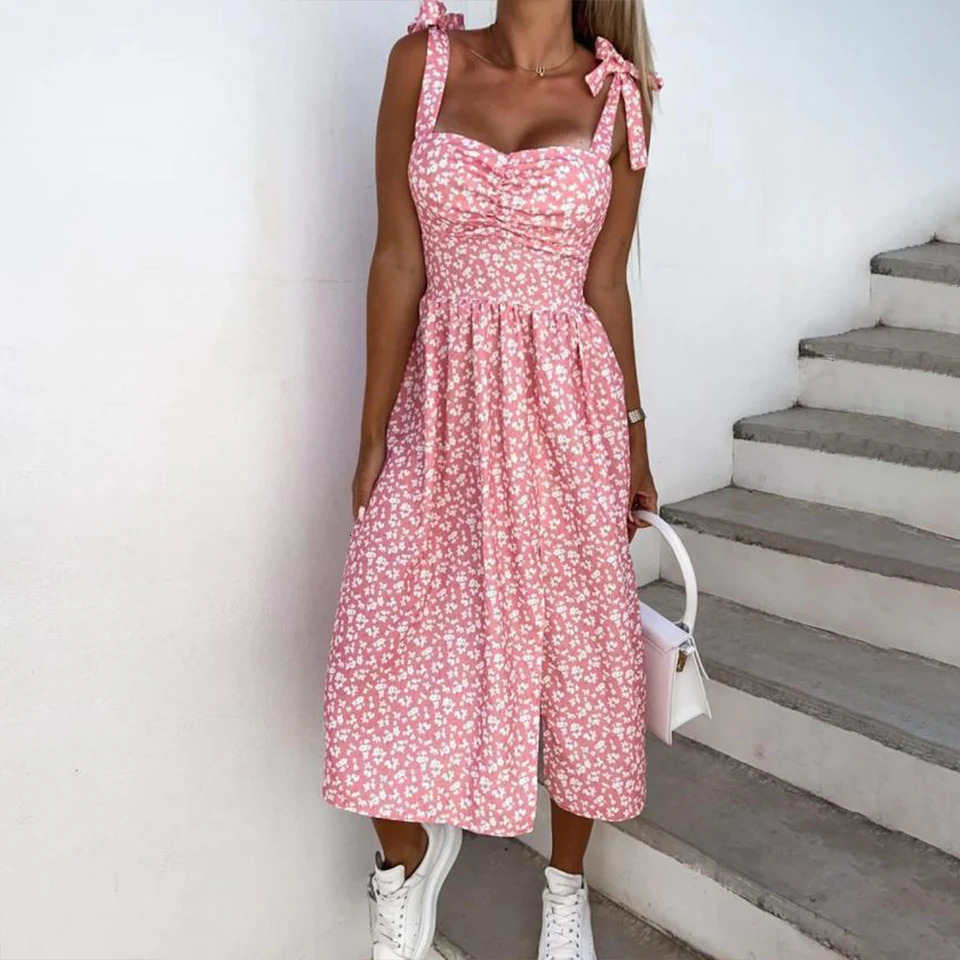 Womens Boho Floral Strappy VNeck Lace Up High Split Midi Dress Summer Ladies Vacation Beach Holiday ALine Sundress Size S2XL 250611