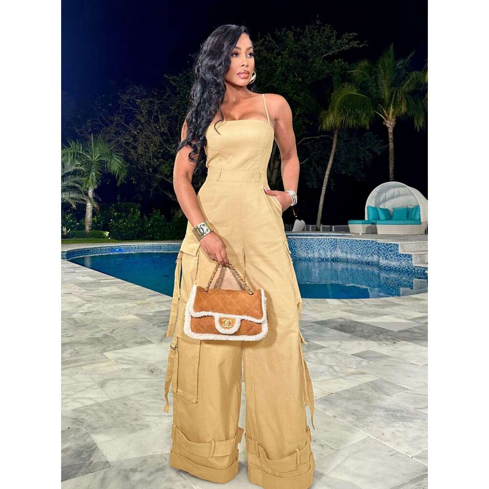 European and American Style Women's Sexy Strapless Multi-Pocket Cargo Wide-Leg Jumpsuit 2025 Elegant Versatile New Trendy Fashion Ins