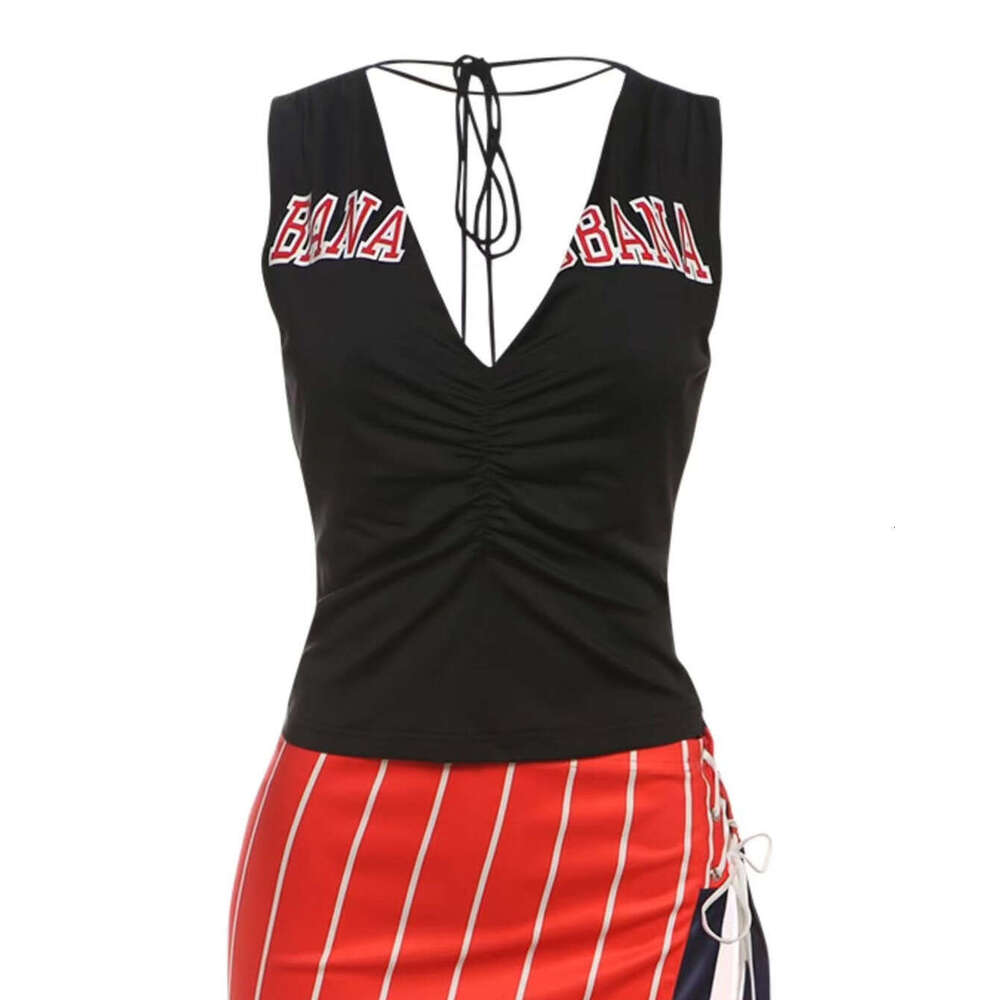Summer Letter Print Tie Deep V Top With Waist Split Mini Skirt Set B5
