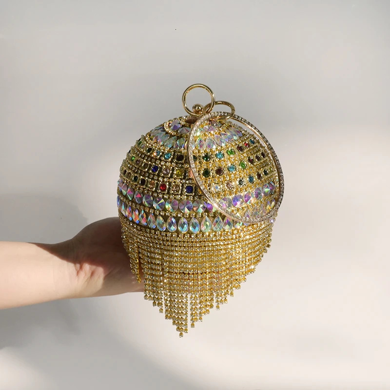 Chic Rhinestone Round Shape Tote Clutch Bag Diamond Tassel Evening Party Luxury Shining Ladies Handbags 250614