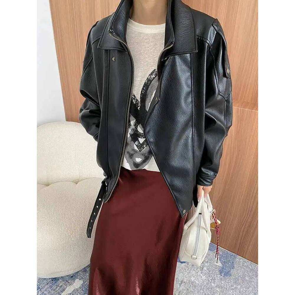 Moto Style Leather Jacket For Women 2025 Spring New Lapel Zipper Design Solid Color Casual Coats Female 2025