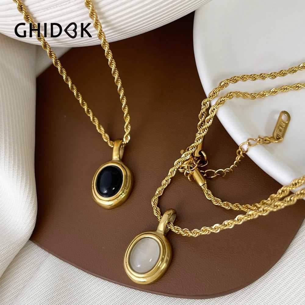 GHIDBK Stainless Steel 18K Gold PVD Plated Black White Gem Stone Oval Pendant on Twist Rope Chain Necklace Stacking Jewelry W250616