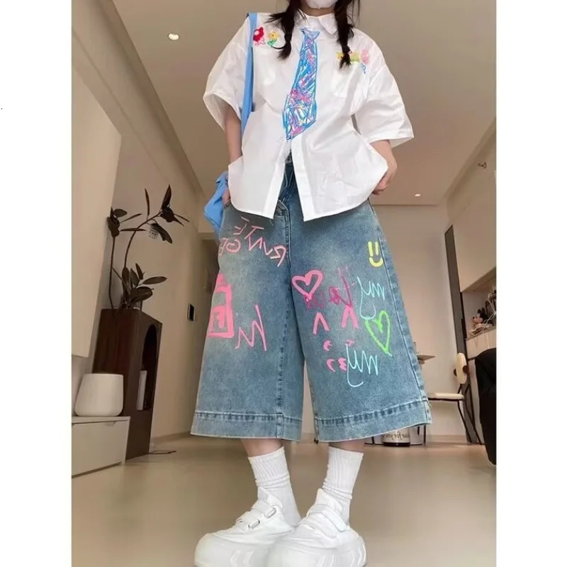 Summer Girls Shorts For Teen Girls Casual Knee-Length Jeans with Colorful Drawing Fashion Shorts Pants Age 250609