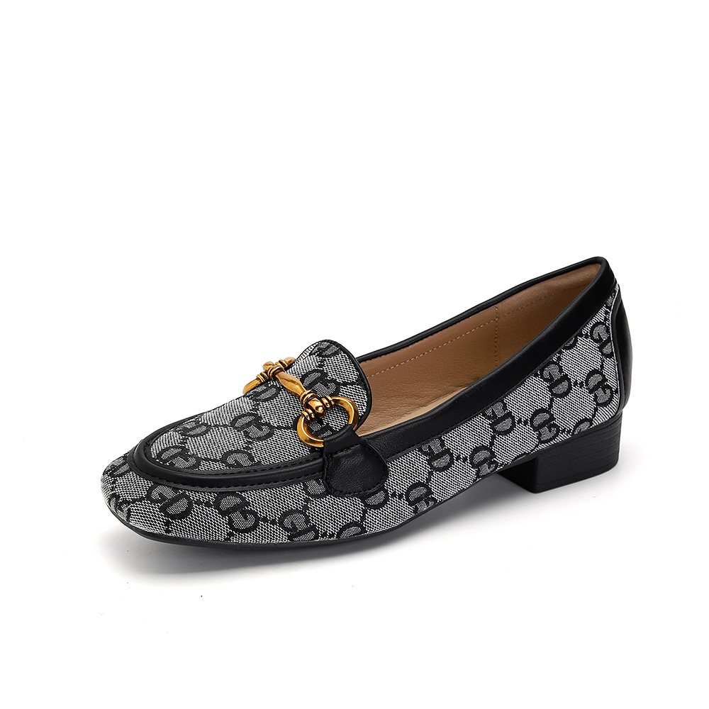 New Style Gold Button Embroidered Elegant Dress Shoes Party Versatile Fashion Letter Printed Low Heel Shoes Black Brown White