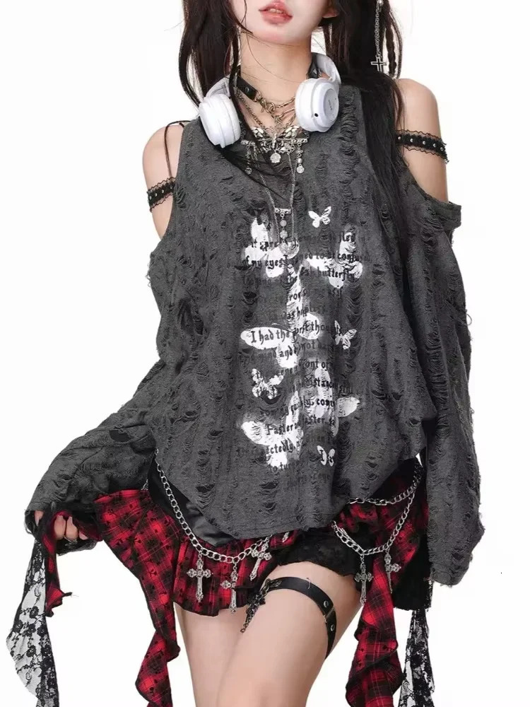 Autumn Gothic Grunge Dark Hollow Out T Shirt Women Harajuku Hollow Out Off Shoulder Sexy Tees Female Punk Letter Print Tops 250614