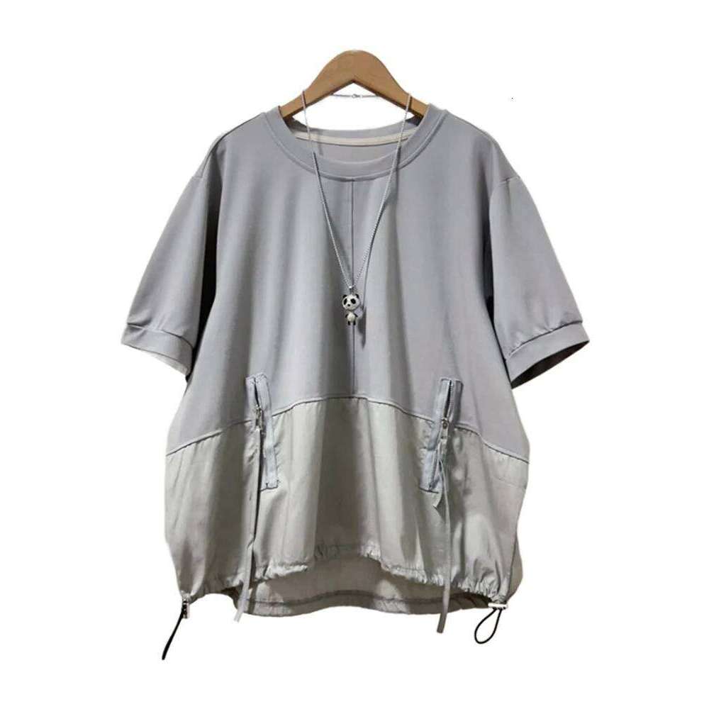 EAM Women Orange Spliced Big Size T-Shirt New Round Neck Short Sleeve Zipper Pockets Fashion Tide Spring Summer 2025 30A3550