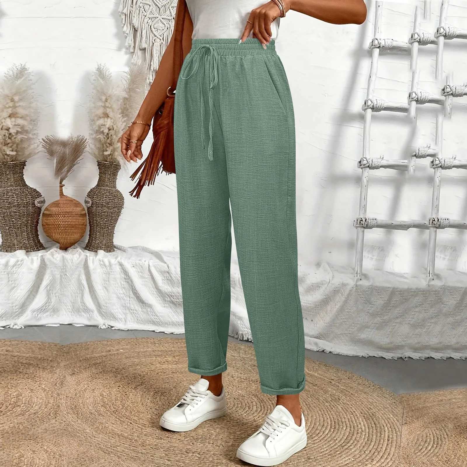 Womens casual pants elastic waist tie trousers loose straight leg sweatpants comfortable and breathable summer trousersXJ250616