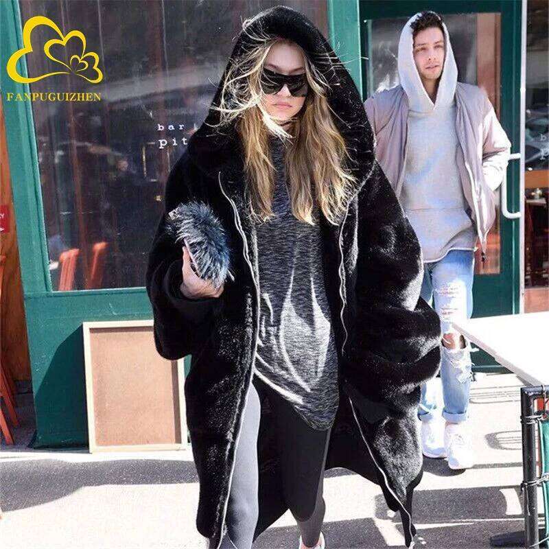 Thickened Faux Mink Women Winter Clothes New Jacket Version Loose Imitation Rabbit Plush Hooded Fur Coat