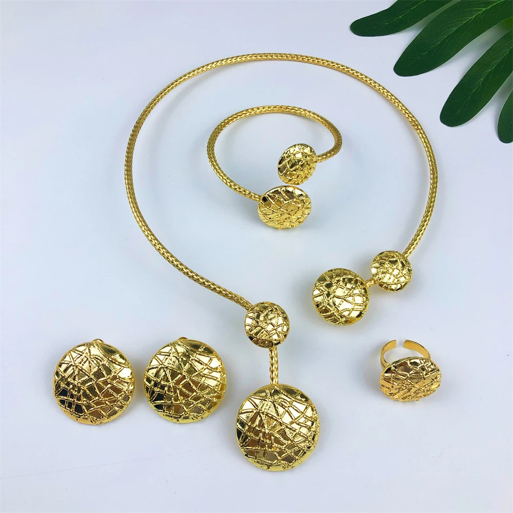 Gold Plated Jewelry Set Classic n Round Bead Necklace Earring Bracelet And Ring Party Jewelry 250609