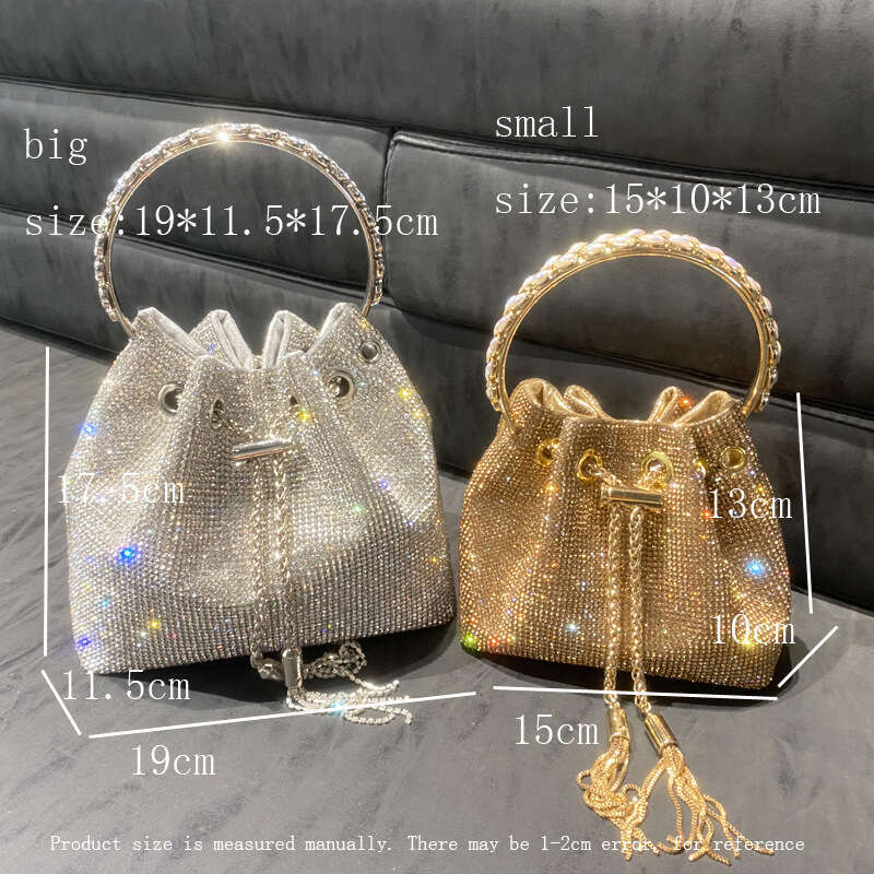 Women's 2023 New Rhinestone Bucket Round Handle Handbag Single Shoulder Crossbody Chain Small Bag Inlaid with Rhinestones