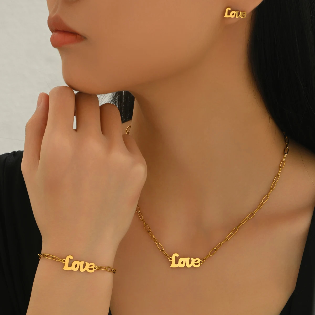 Lxalry Golden Jewelry Set Love Engraved Necklace Bracelet Earrings Handwritten Style Romantic Couple Accessories Minimalis 250609