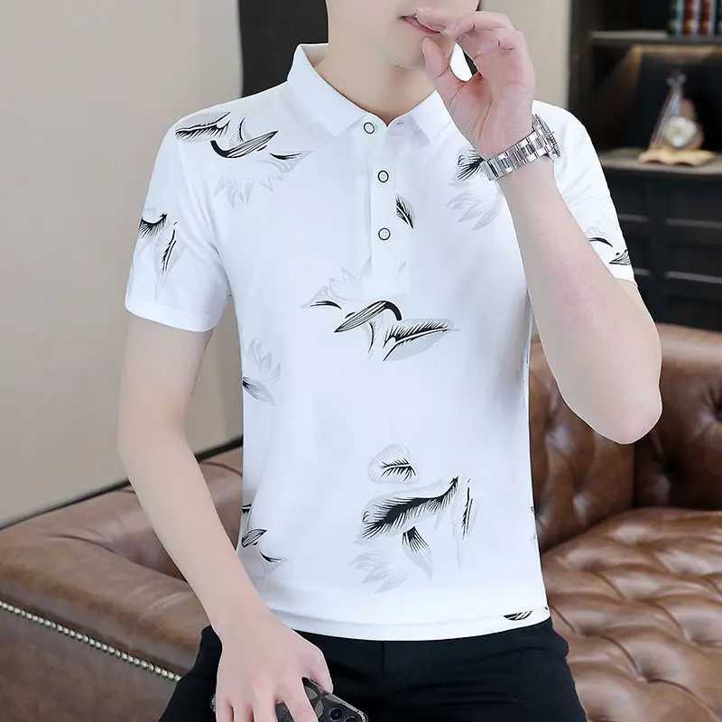 Mens Collared T-shirt Short Sleeve Print Male Polo Shirts Chic XL Casual Tee 2025 Kpop Luxury Elegant Elastic Mens Clothing W250616
