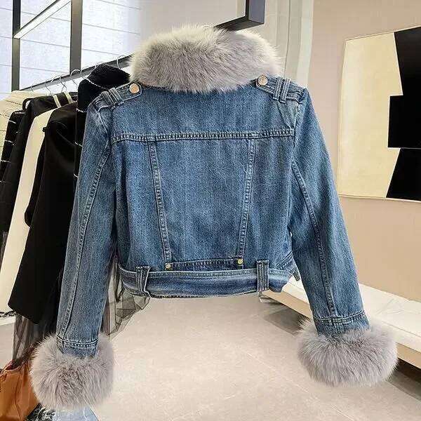 Denim Fur Long Sleeve Coat Women 2025 Winter Veet Loose All-match Lace-up with Belt Jackets Korean Chic Lapel Female Parkas