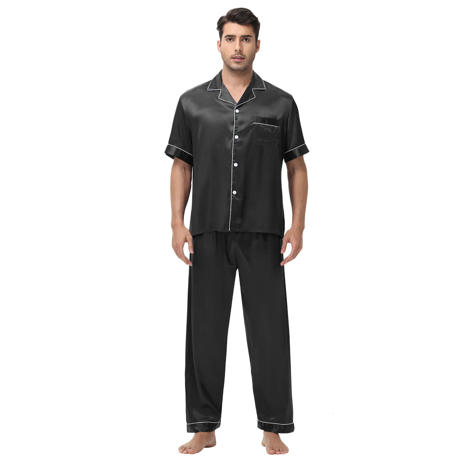 Mens Silky Solid Color Lapel Short Sleeve Long Pants Elegant Pajama Set Comfortable Skinfriendly Style Pajamas For 250614