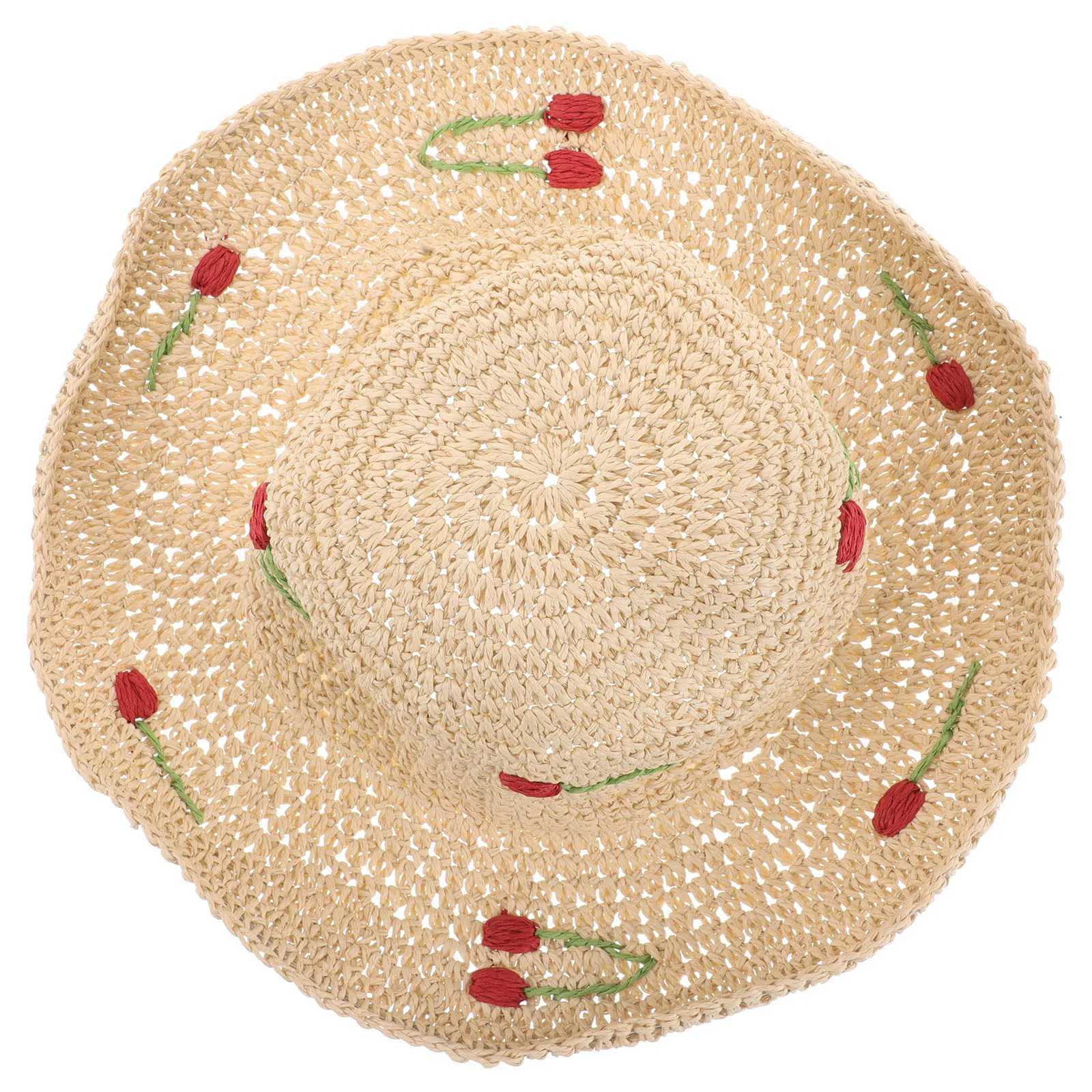 Straw Sun for Women Beach Vacation Wide Brim Bucket Hat Beige Woven Cherry Summer Fashion Comfortable Breathable Sun M250616