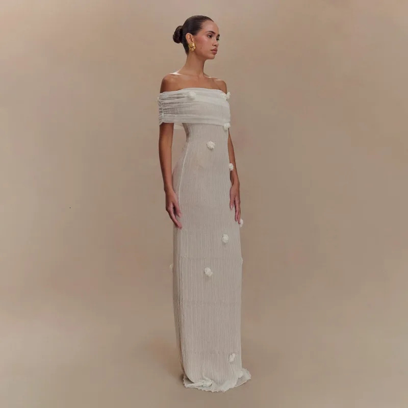 3D Flowers See Through Knitted Maxi Beach Dress Women Elegant Sexy Off Shoulder Bodycon Evening Party Long Robe Beach Cover Ups 250612