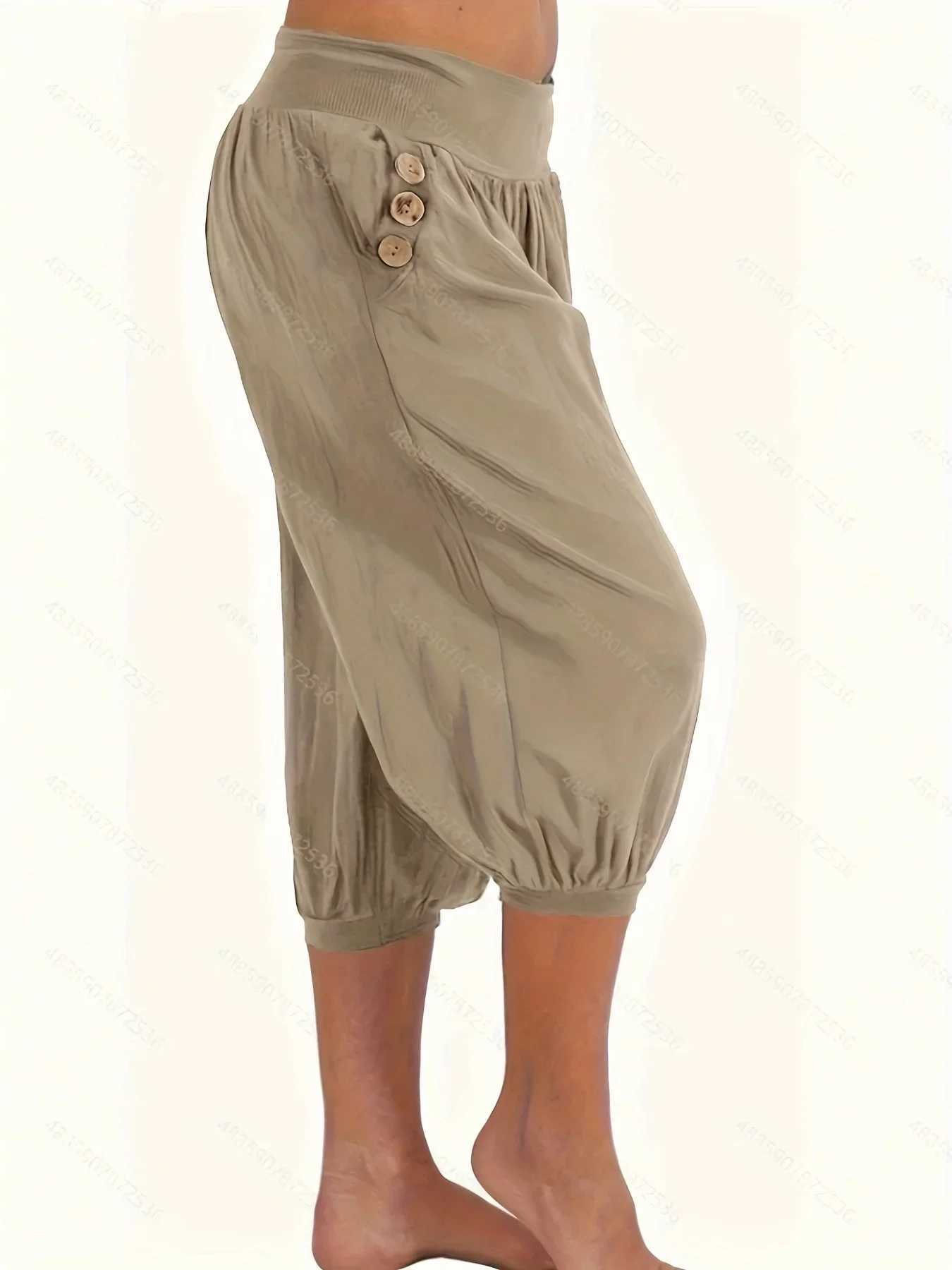 Womens Fashion Plus Size 1XL-5XL Solid Color Button Pocket Loose Capri Casual Loose Comfortable Bloomers XJ250616