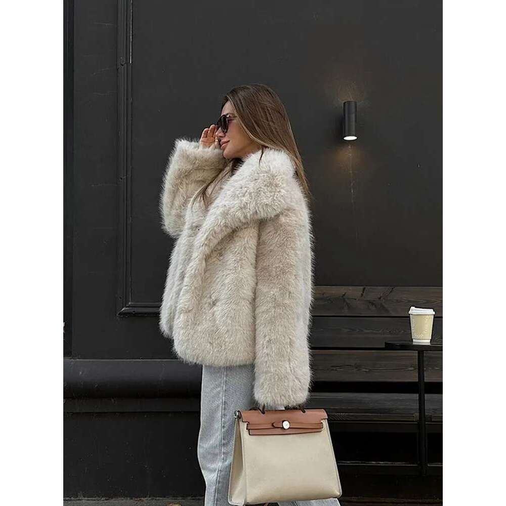 Vintage Large Lapel Faux Fur Coats Women Casual Plush Solid Hidden Button Coat Female Winter Thick Warm Chic Street Outwear