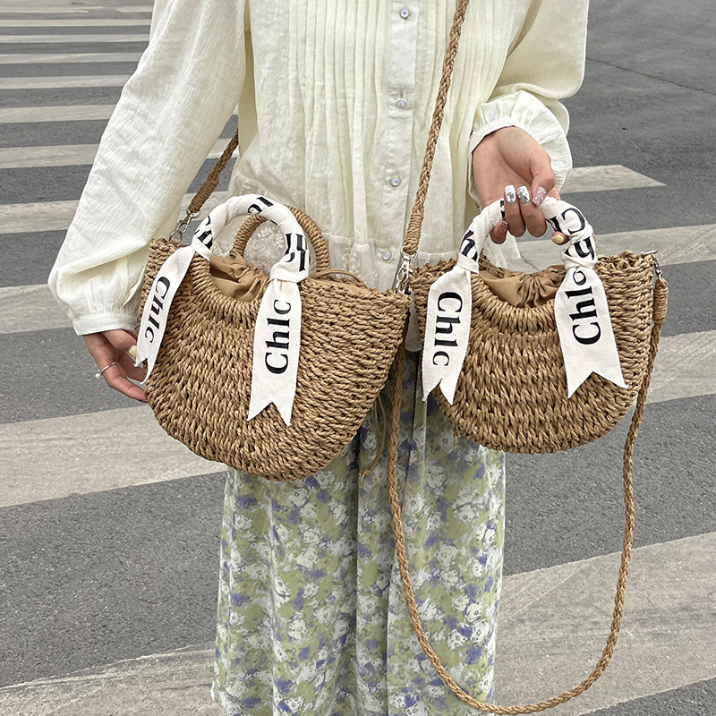 Letter Silk Scarf Hand-Held Straw Woven Bag Papyrus Woven Bag Spring Outing And Vacation Handbag Moon Bag