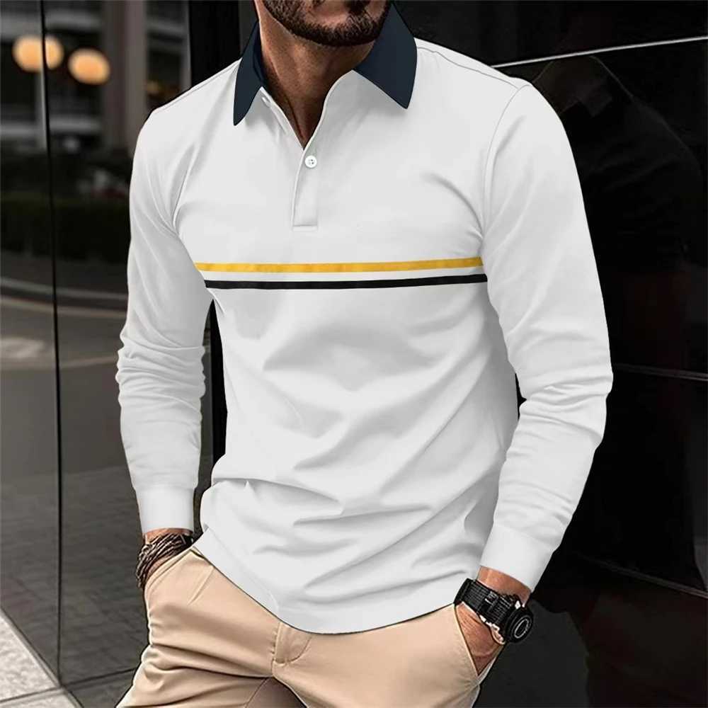 2024 Men New Stripe Long Sleeve Polo Shirt Men Casual Simple Style Polo Shirts Spring Fall Stand Basic Blouse Tees Mens Clothing W250616
