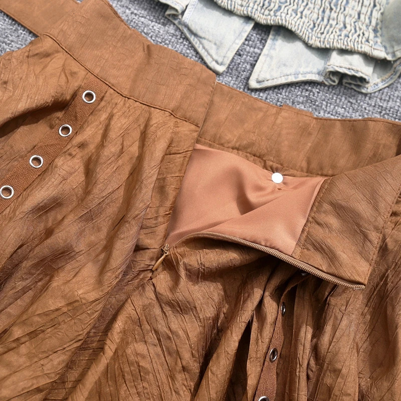 Y2K Halter Denim Crop Top with Rivets Irregular Brown Mini Skirt Set Women Streetwear Grunge Two Piece Outfit Festival Fashion 250614