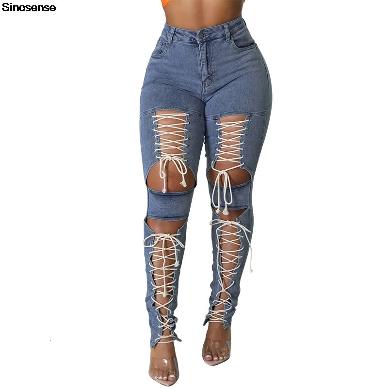 Womens Lace Up Skinny Jeans Stretch Distressed Destroyed Denim Pants Sexy Daily Date Street Going Out Night Club Party Jeans 250609